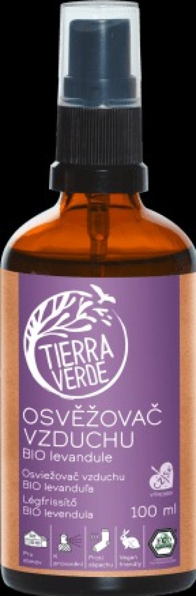 Tierra Verde osvěžovač vzduchu v hnědé sprejové lahvičce s fialovou etiketou