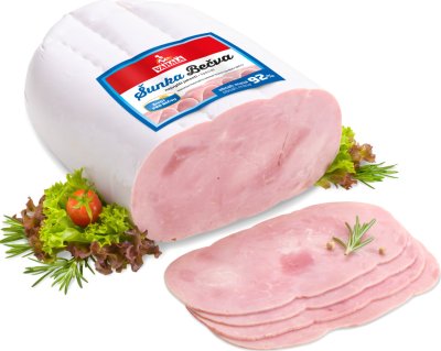 Šunka v obalu a pár plátků z ní odkrojených