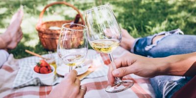 Dva lidé si přiťukávají skleničkami s vínem na pikniku