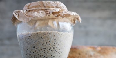 Žitný kvásek ve sklenici přikryté pečicím papírem