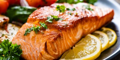 Smažený lososový steak s brambory a zeleninou na dřevěném stole