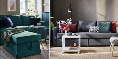 Zelená pohovka nabízí vyměnitelný potah, šedá je rozkládací s dostatkem úložného prostoru