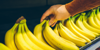 Lidská ruka bere trs banánů v supermarketu 