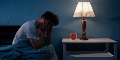 Ospalý muž sedí na posteli, vedle je lampa a budík