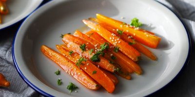 Talíř s dušenou mrkví zdobenou petrželkou a sezamovými semínky