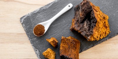 Houba Chaga na břidlici a lžička