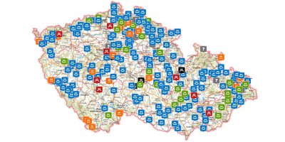 Mapa ČR s vyznačenými místy ke koupání a jejich vhodnosti ke koupání