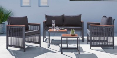 Zahradní sedací souprava v černé barvě, cena před slevou 14 999 korun, po slevě 11 999 korun. Dostupná pouze online