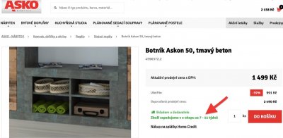 Kopie webové stránky Asko.cz: Nákupní košík, kde je uvedeno, že si na zboží počkáte až 11 týdnů