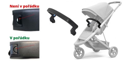 Koláž znázorňující vadný a správný díl dětského madla Thule ke kočárkům 