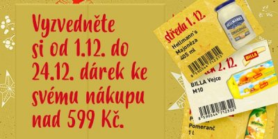 Reklama Billy s nápisem: Vyzvedněte si od 1. 12. do 24. 12. dárek ke svému nákupu nad 599 Kč