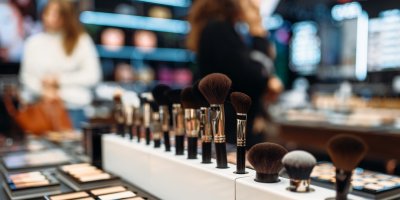 Regál se štětečky a make-upem v drogerii