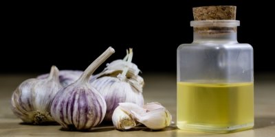 Sirup z česneku v lahvičce s korkovou zátkou, česnekové stroužky ležící okolo