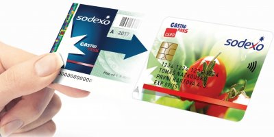 Žena drží papírovou stravenku, která se mění na stravenkovou kartu