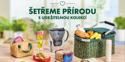 Udržitelné výrobky jako filtrační konvice, sáčky na ovoce a zeleninu, dózy na potraviny a lahve