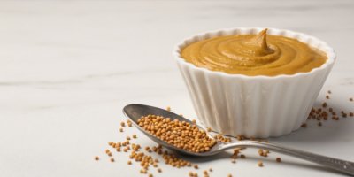 Horčice v mističce a hořčičná semínka na lžičce vedle ní