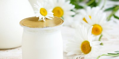 Detail na jogurt ve sklenici a kolem heřmánek