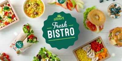 Logo Albert Fresh Bistro, kolem něj saláty, wrapy, bagely, ovoce