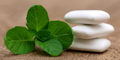 Detail na dražé žvýkačky vedle snítky máty