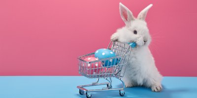 Králíček se opírá o malý nákupní vozík, ve kterém jsou velikonoční vejce