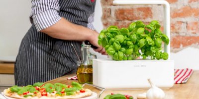 Chytrá zahrada Click and Grow, ve které roste bazalka, člověk připravuje pizzu