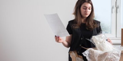 Žena stojí nad rozbalenou krabicí s fakturou v ruce