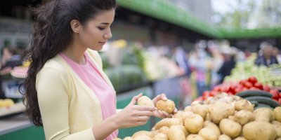 Žena si vybírá brambory v obchodě