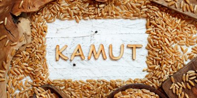 Zrna kamutu obklopují nápis „kamut“