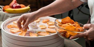 Člověk vkládá kousky zeleniny do sušičky potravin