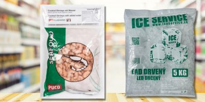 Koláž s vadnými výrobky loupaných krevet a ledové tříště