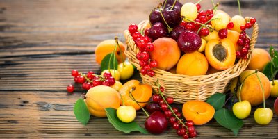 Meruňky, třešně a rybíz v košíku