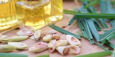 Trsy a cibulky citronové trávy nakrájené na prkénku