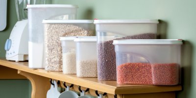 Různé druhy obilovin v plastových dózách na poličce