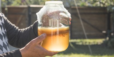 Muž drží velkou nádobu s kombuchou a nápojem