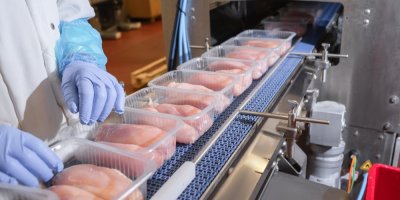 Člověk v gumových rukavicích dává kuřecí maso do plastových krabiček na výrobní lince 