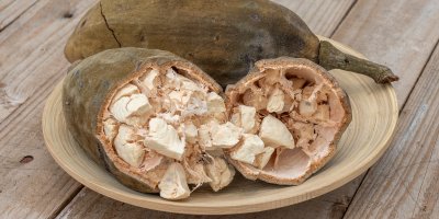 Rozpůlený plod baobabu s pohledem na vnitřní dužinu