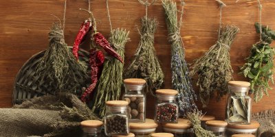 Rozličné druhy sušených bylinek zavěšených u dřevěné zdi