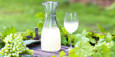 Karafa a sklenice burčáku s vinnou révou na sudu