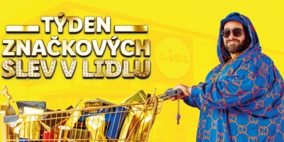 Kapitán Demo tlačí pozlacený nákupní vozík, nápis Týden značkových slev v Lidlu