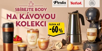 Reklamní obrázek Albertu s nápisem Sbírejte body na kávovou kolekci, sleva až 60 %, loga značek Perla, Tefal a Nescafé Dolce Gusto, kávovar, konvice, termohrnek, hrnky a kávové kapsle