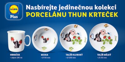 Kampaň Lidlu s nápisem Nasbírejte jedinečnou kolekci porcelánu Thun Krteček, hrneček, miska, talíř hluboký a talíř mělký s motivem Krtečka