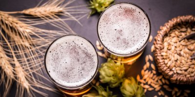 Dva půllitry s pivem, chmel a obilí