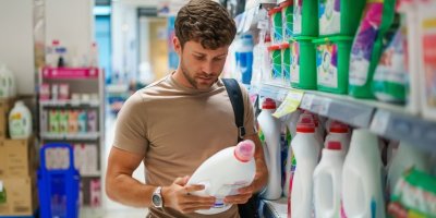 Muž vybírá prací prášek v obchodě