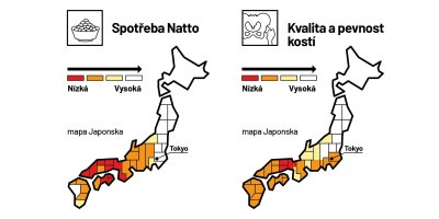 Infografika znázorňující spotřebu NATTO a kvalitu kostí v Japonsku