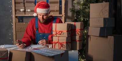 Muž ve vánoční čepici ve skladu s balíky