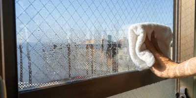 Ruka otírá kondenzační rosu na okně