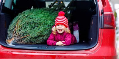 Holčička v kufru auta s vánočním stromkem