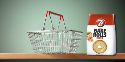 Grafika s nákupním košíkem a obalem od Bake Rolls