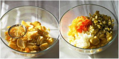 Nakrájené brambory v míse a ostatní ingredience na bramborový salát