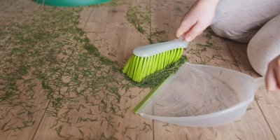 Člověk zametá jehličí opadané na zemi